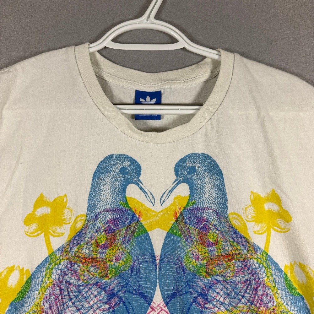 Adidas Originals Mens L Graphic Tee White Bird Floral Mirror Print Streetwear - Picture 2 of 11